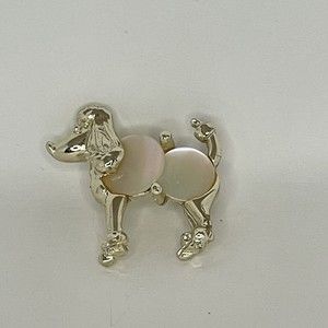 Vintage Poodle Pin Brooch Silver Tone With Mother Of Pearl Body
